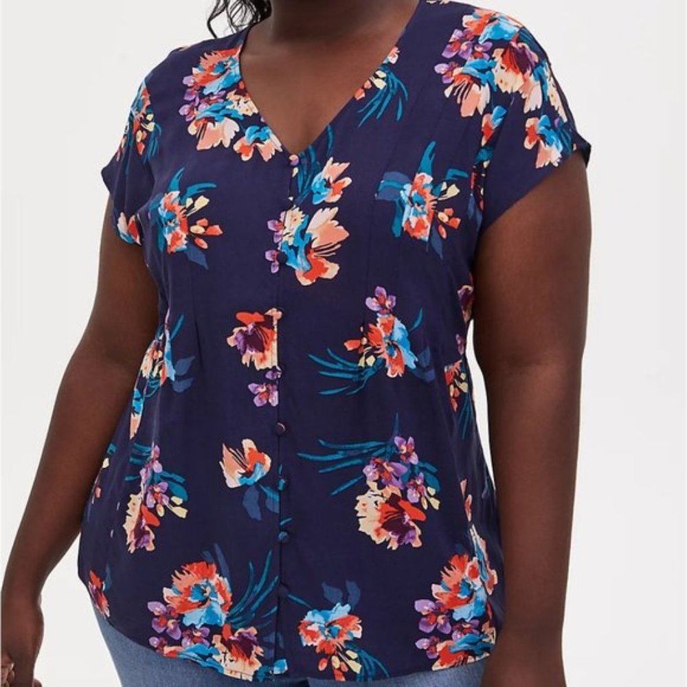 Torrid NAVY BLUE FLORAL CHALLIS BUTTON FIT & FLARE BLOUSE 3
